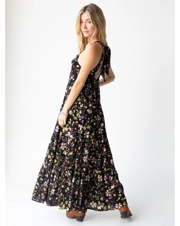 Halle Printed Halter Maxi Dress - Black Floral Stems